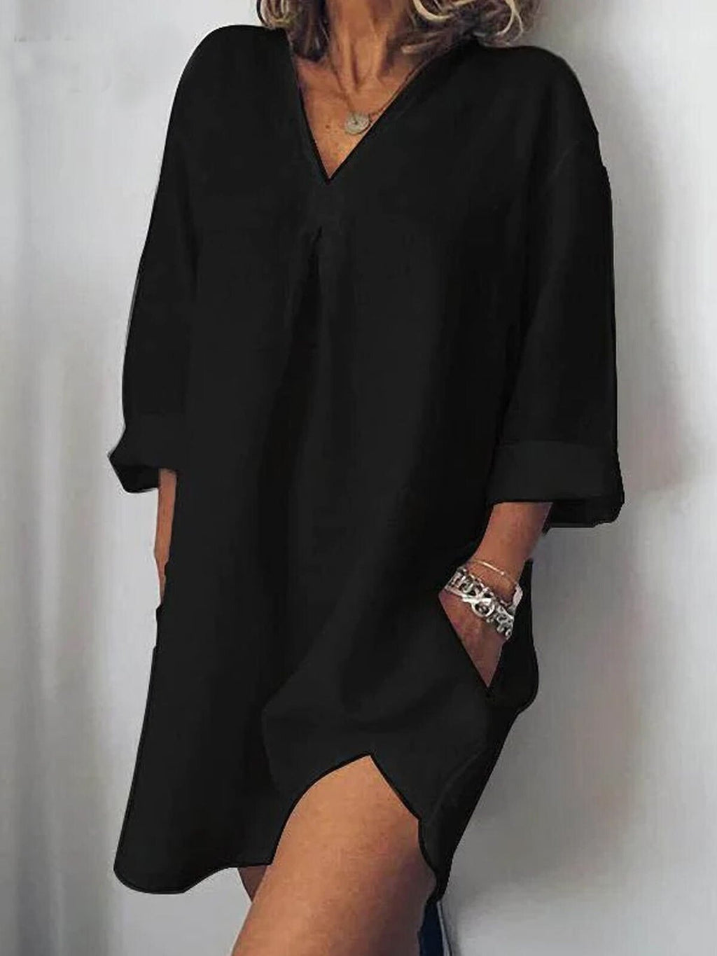 Women's Pure Color V-Neck Linen Dress