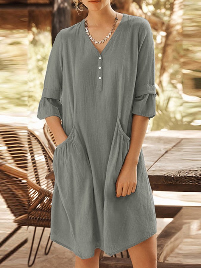 Women's Simple Fashion V Neck Big Pocket Half Sleeve Midi Dress