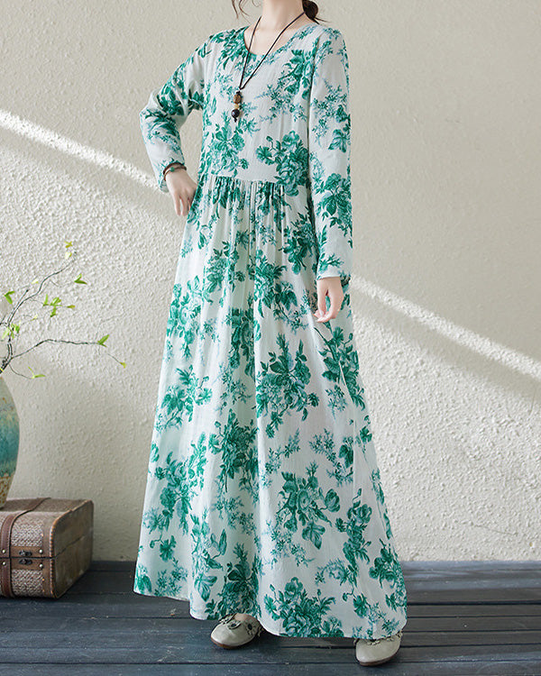 Holiday Round Neck Vintage Cotton and Linen Dress