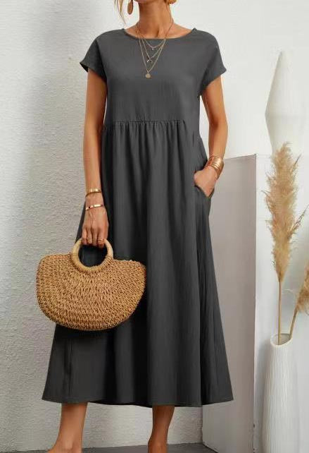 Solid Sleeveless Loose Linen Pocket Dress