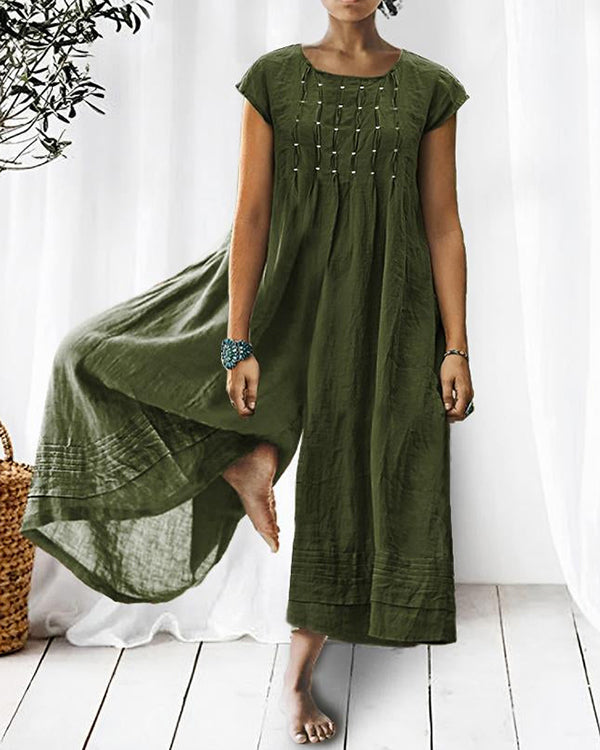 Solid Relaxed Loose Pleated Linen Jumpsuit (Gray/Navy/Orange/Green In Stock)