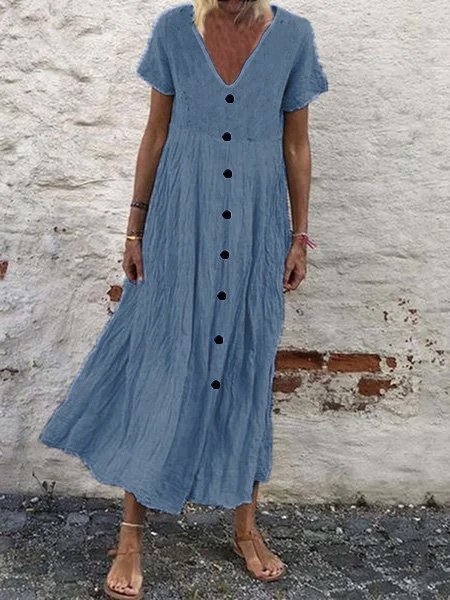 Women's Casual Solid Color Button V-Neck Cotton Linen Dress