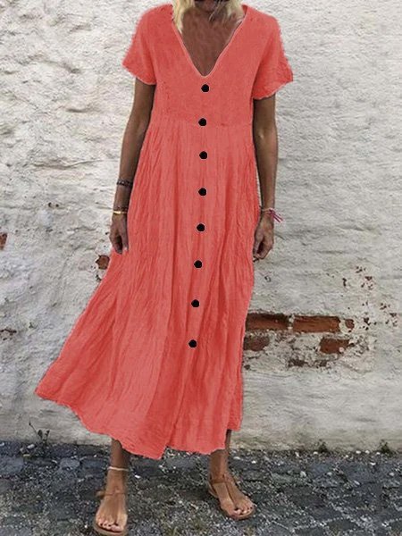 Women's Casual Solid Color Button V-Neck Cotton Linen Dress