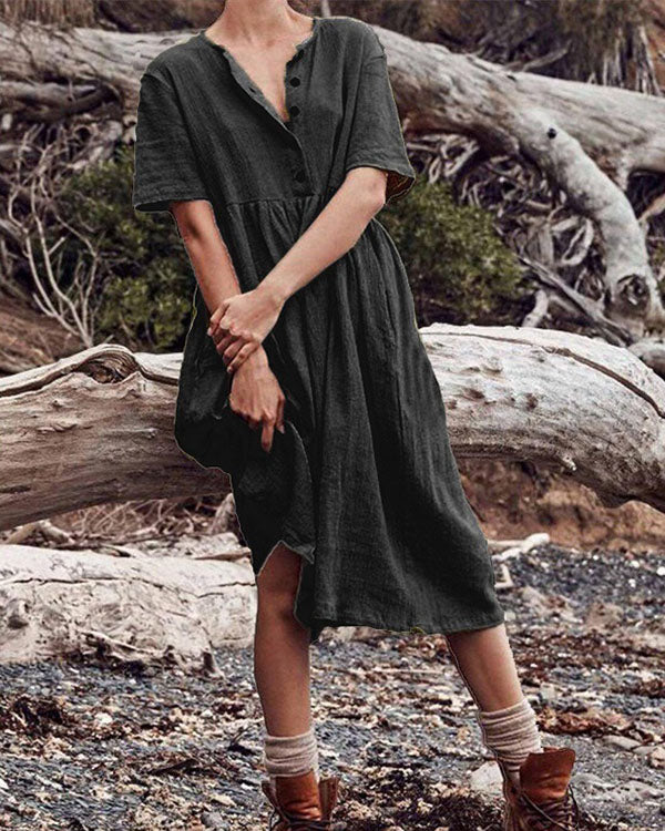 Boho Cotton Linen Dress Women Women's Solid Short Sleeve Button Dress