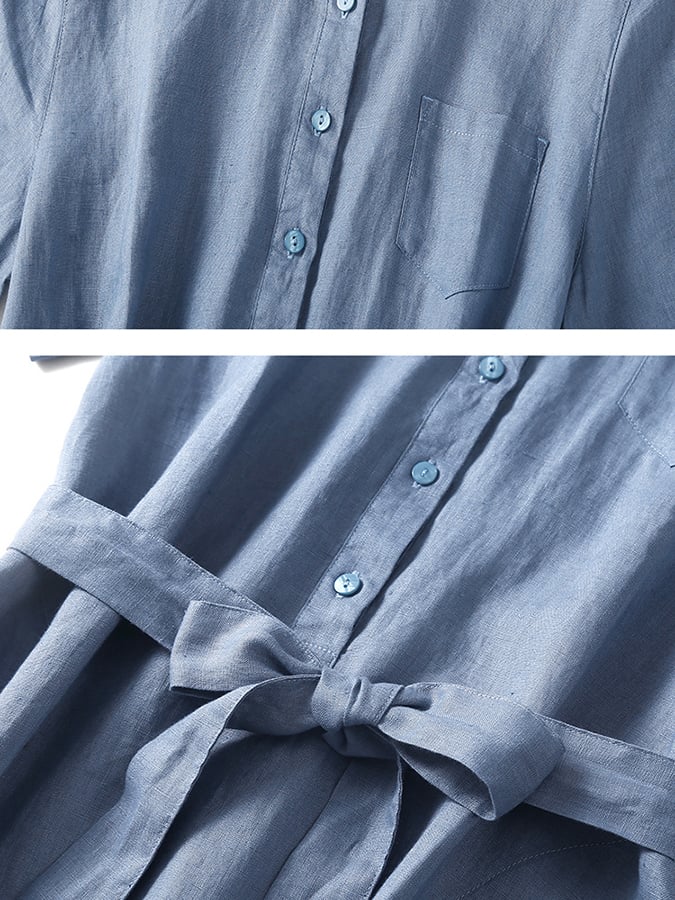 Cotton And Linen Solid Color Shirt Collar Belt Dress