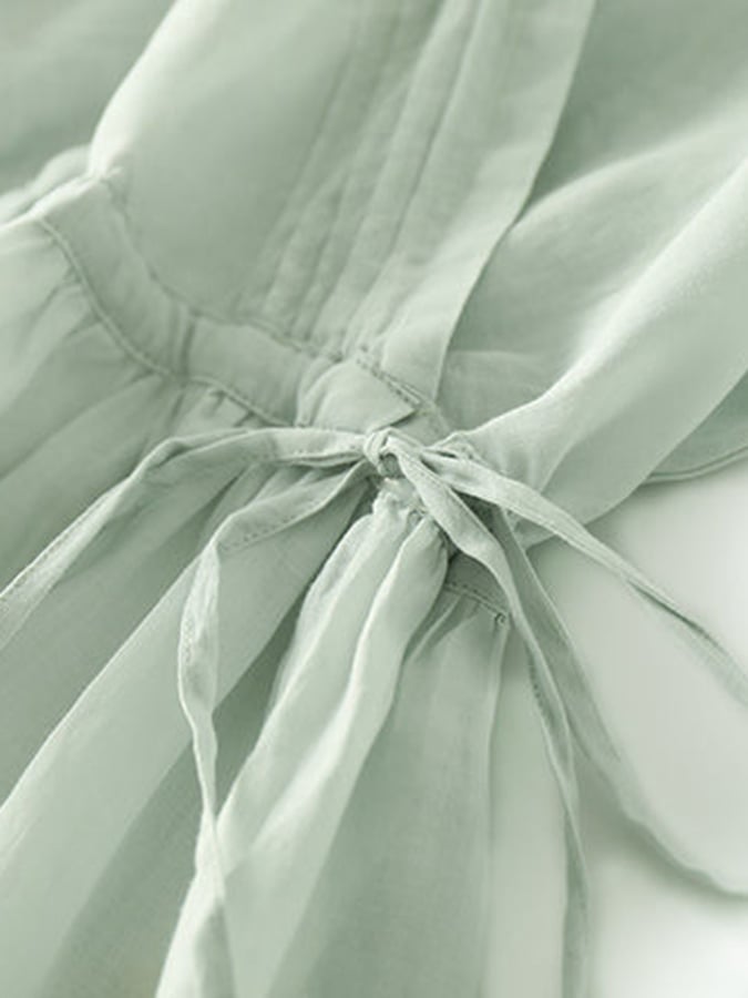 Cotton And Linen V-Neck Three-Quarter Sleeves Loose Solid Color Waist A-Line Dress