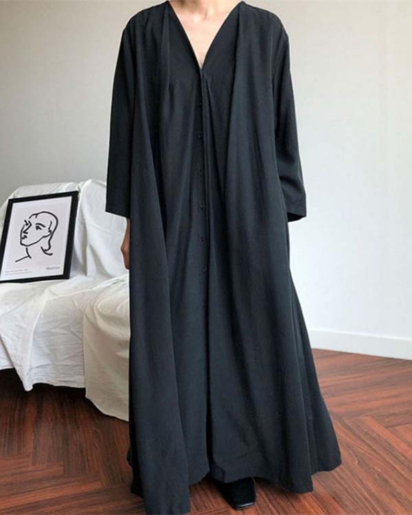 Vintage Cotton Solid Color Loose Long Pleated Tie Dress