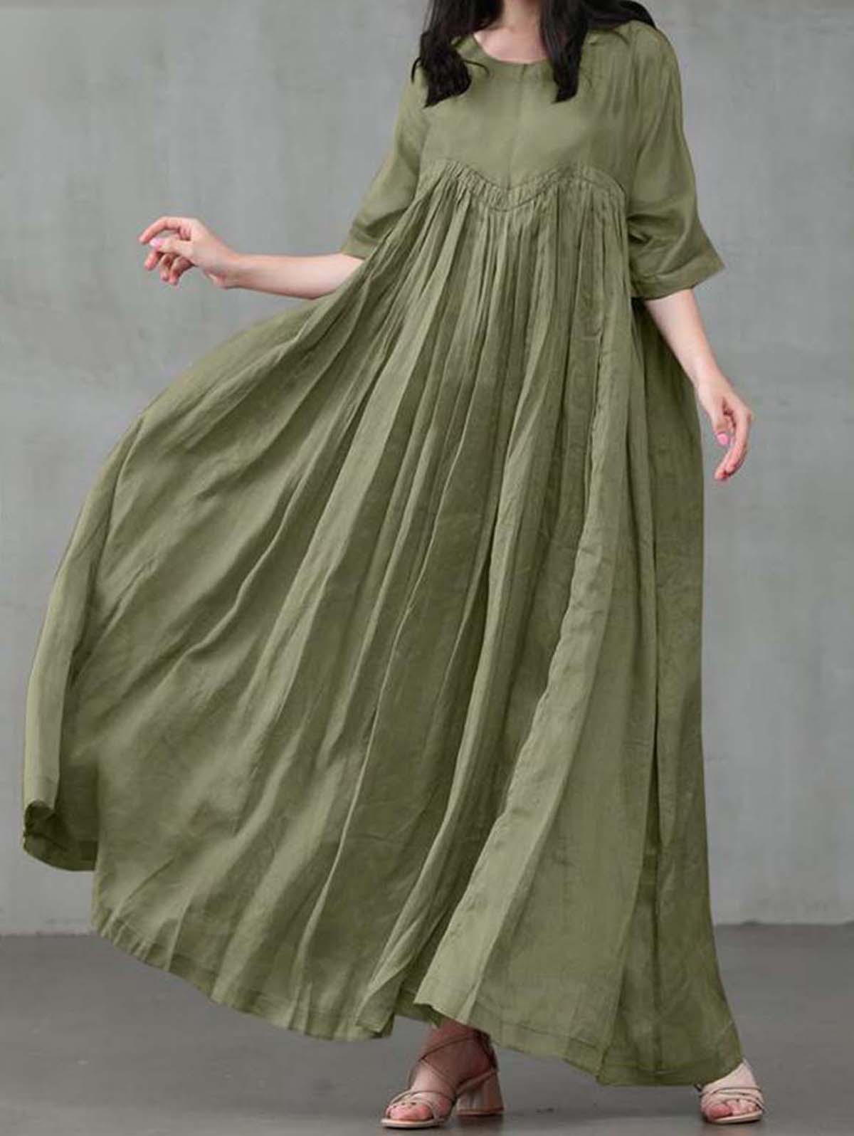 Casual Plain Round Neck Half Sleeve Flowy Maxi Dress