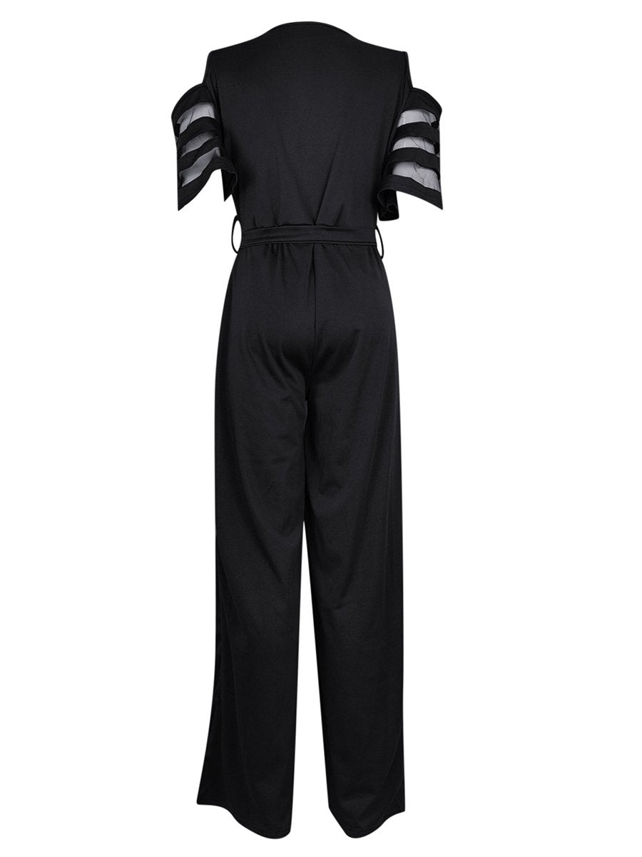 Mesh Patchwork Sleeves V Neck Formal Dressy Jumpsuit