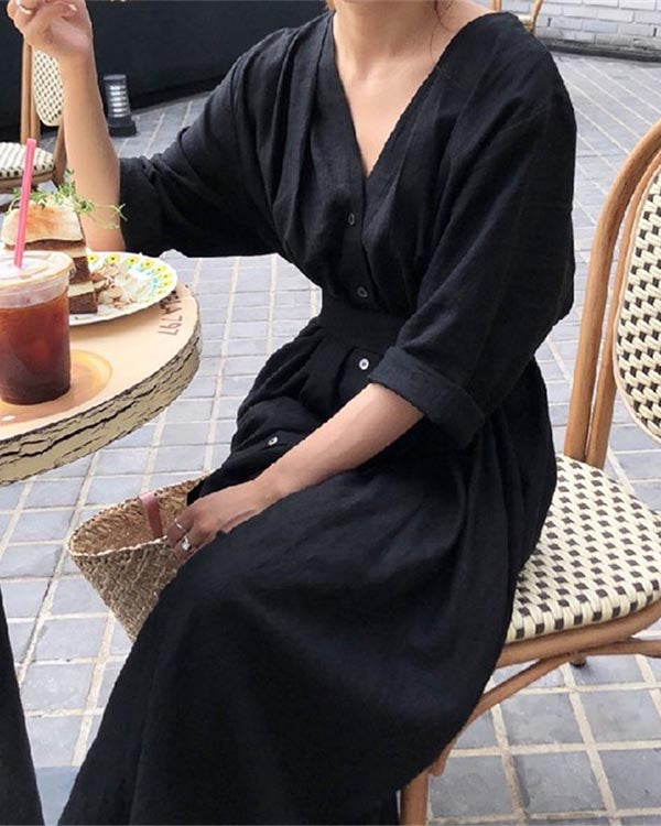Elegant V-neck Long-sleeved Simple Loose Cotton and Linen Shirt Dress