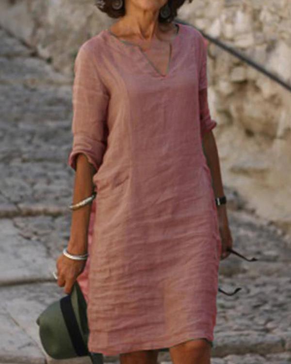 Solid V-Neck Long Sleeve Casual Summer Dresses