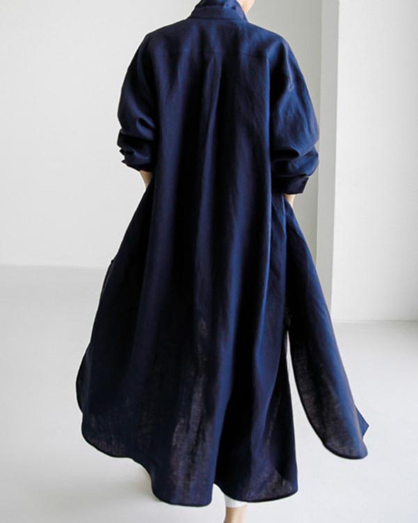 Casual Solid Color Shirt Cotton Linen Slit Dress