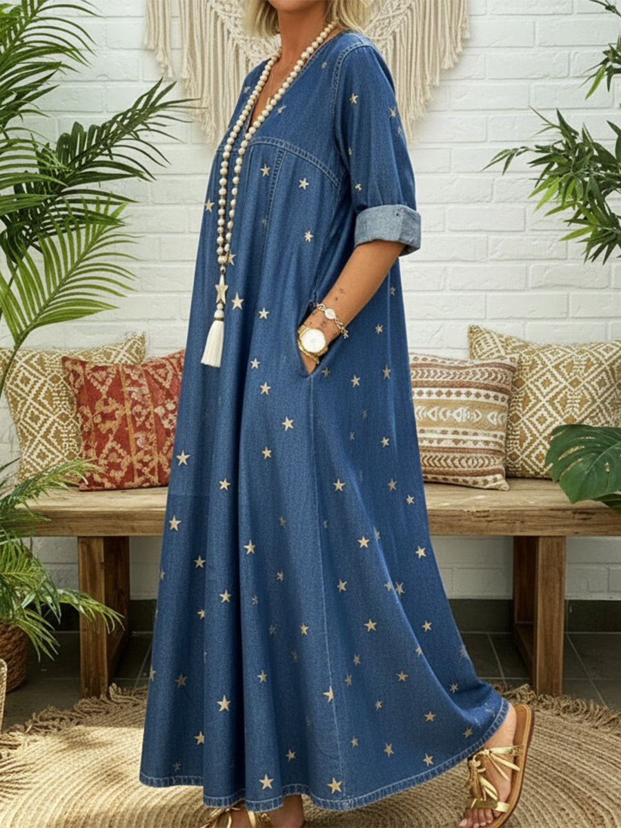 Casual Gold Star Print 100% Cotton Dress