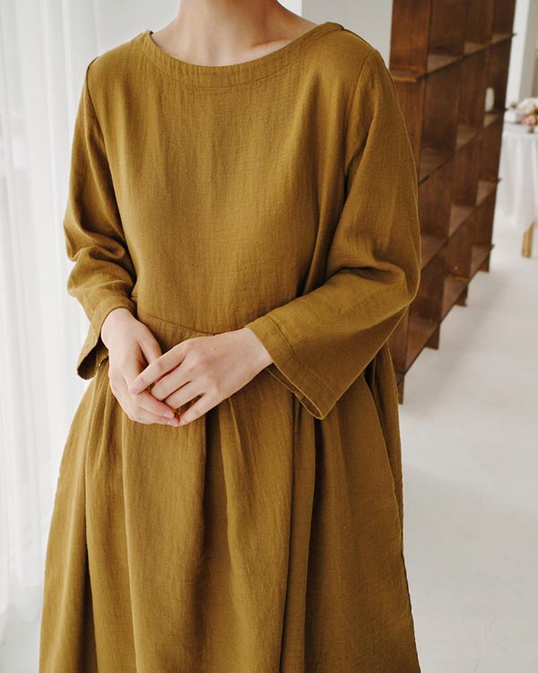 Elegant Round Neck Loose Cotton Linen Dress
