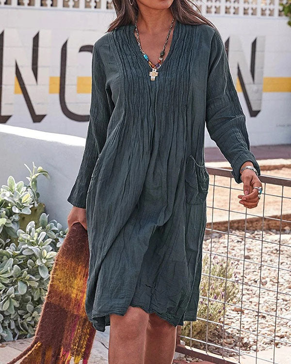Vintage Casual V Neck Solid Linen Dresses