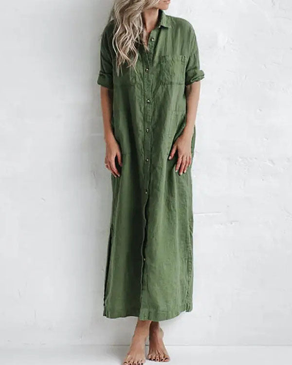 Casual Green Solid Linen Button up Shirt Dresses