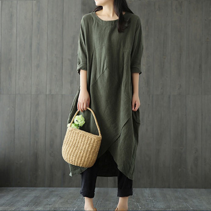 Solid Color Round Neck Irregular Hem Midi Dress