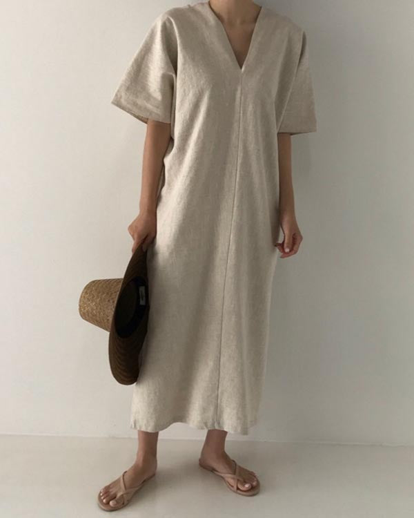 Vintage Linen Loose V-Neck Short Sleeve Dress
