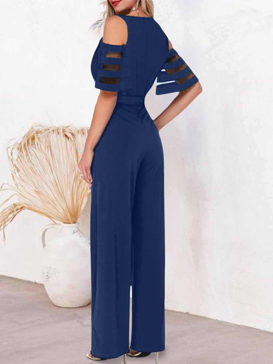 Mesh Patchwork Sleeves V Neck Formal Dressy Jumpsuit