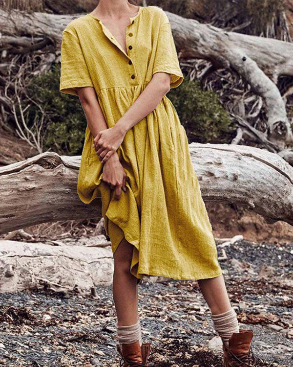 Boho Cotton Linen Dress Women Women's Solid Short Sleeve Button Dress