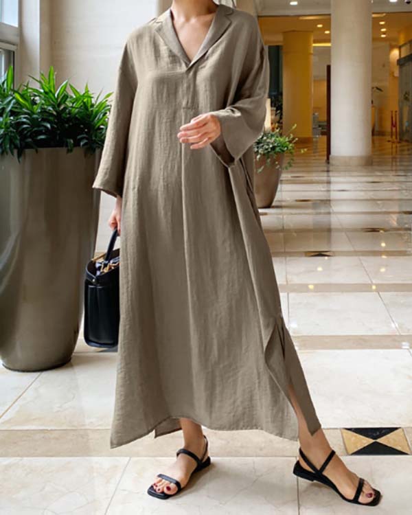 Casual Loose Solid Color Cotton Linen Shirt Dress