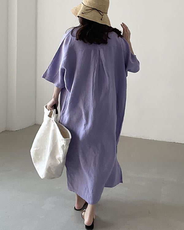 Casual Loose Short-sleeved Long Cotton Linen Shirt Dress