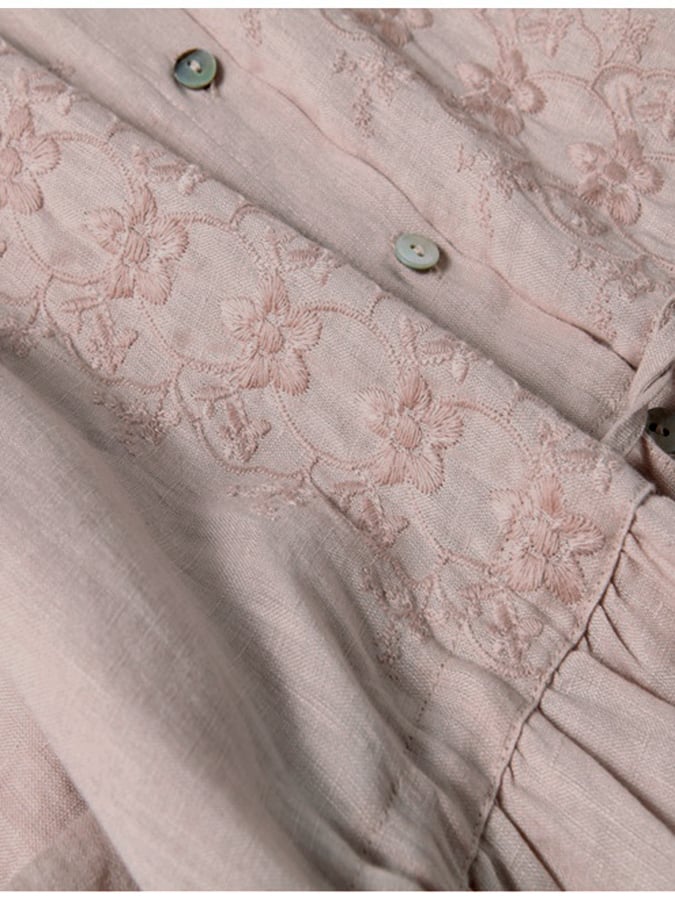 3/4 Sleeves Cotton Linen Loose And Slim Embroidered Dress