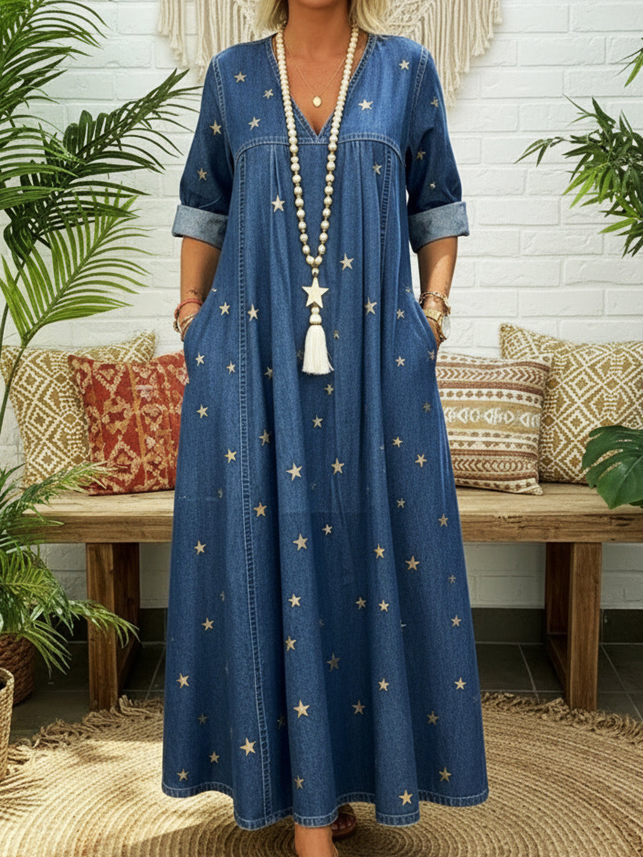 Casual Gold Star Print 100% Cotton Dress