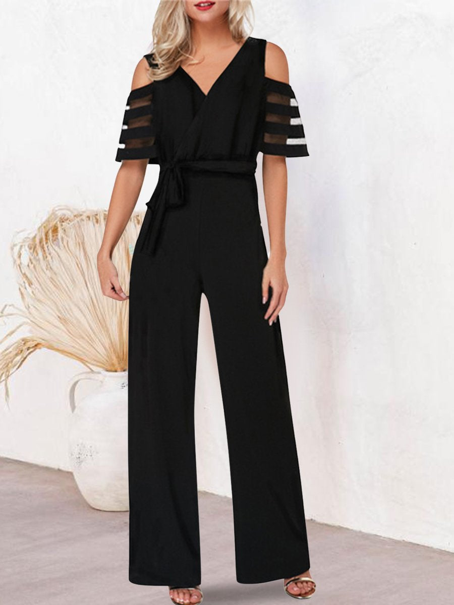 Mesh Patchwork Sleeves V Neck Formal Dressy Jumpsuit