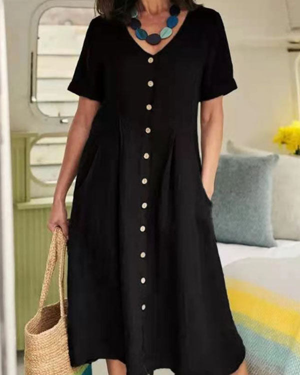 Casual Button up Solid Color Loose V-neck Linen Dress