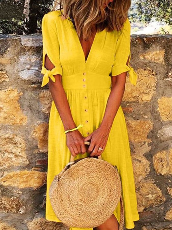 Women's Solid Cotton Linen V-Neck Tie Half-Sleeve Casual Dress