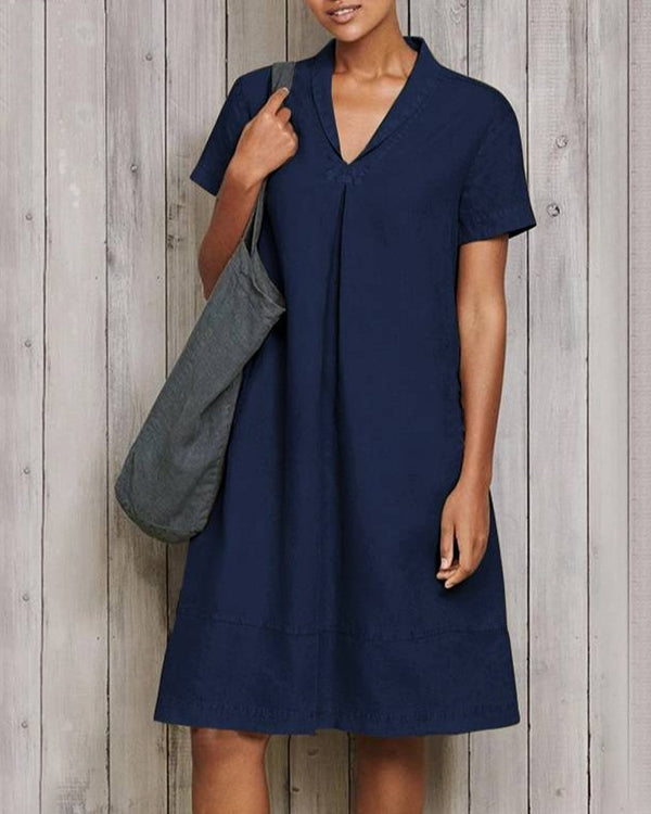 Casual Short Sleeve Pure Linen Mini Dress