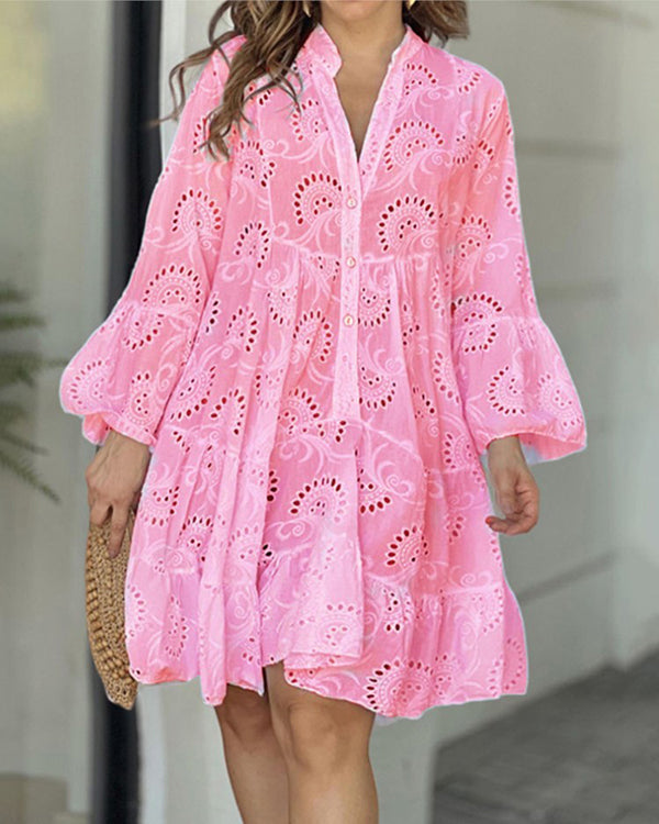 Solid Color V Neck Loose Lace Swing Dress