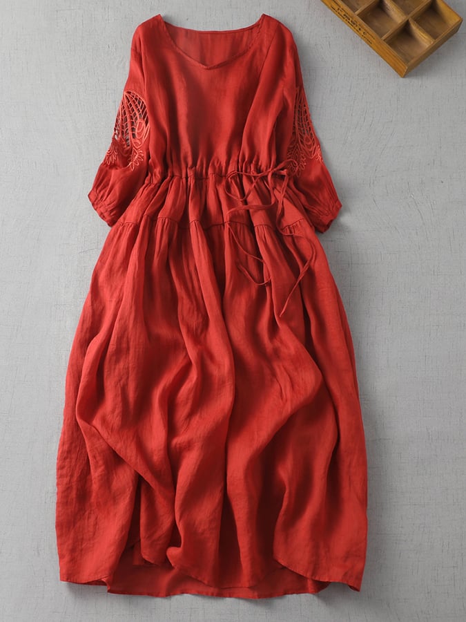 Solid French Cut Out Embroidered V-Neck Dress
