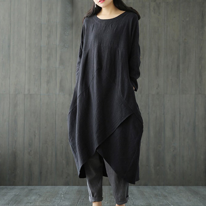 Solid Color Round Neck Irregular Hem Midi Dress