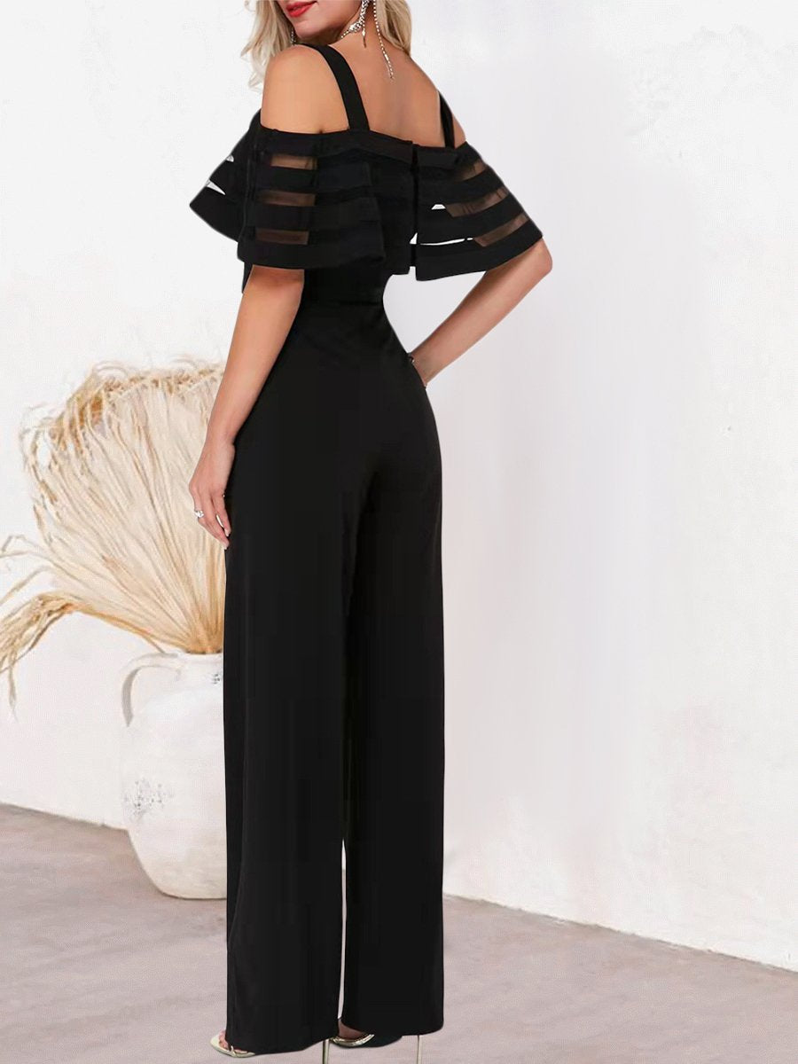 Off Shoulder Sheer Mesh Sleeves Straight  Jumpsuit