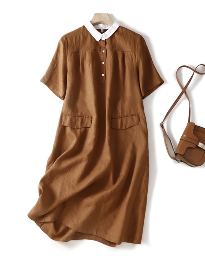Literary Retro Cotton Linen Polo Dress