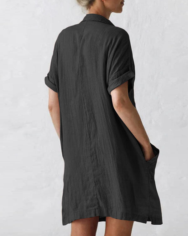 Women Plus Size Pockets Short Sleeve Button Linen Dresses