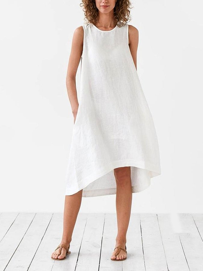 Women's Casual Solid Color Sleeveless Flowy Cotton Dress