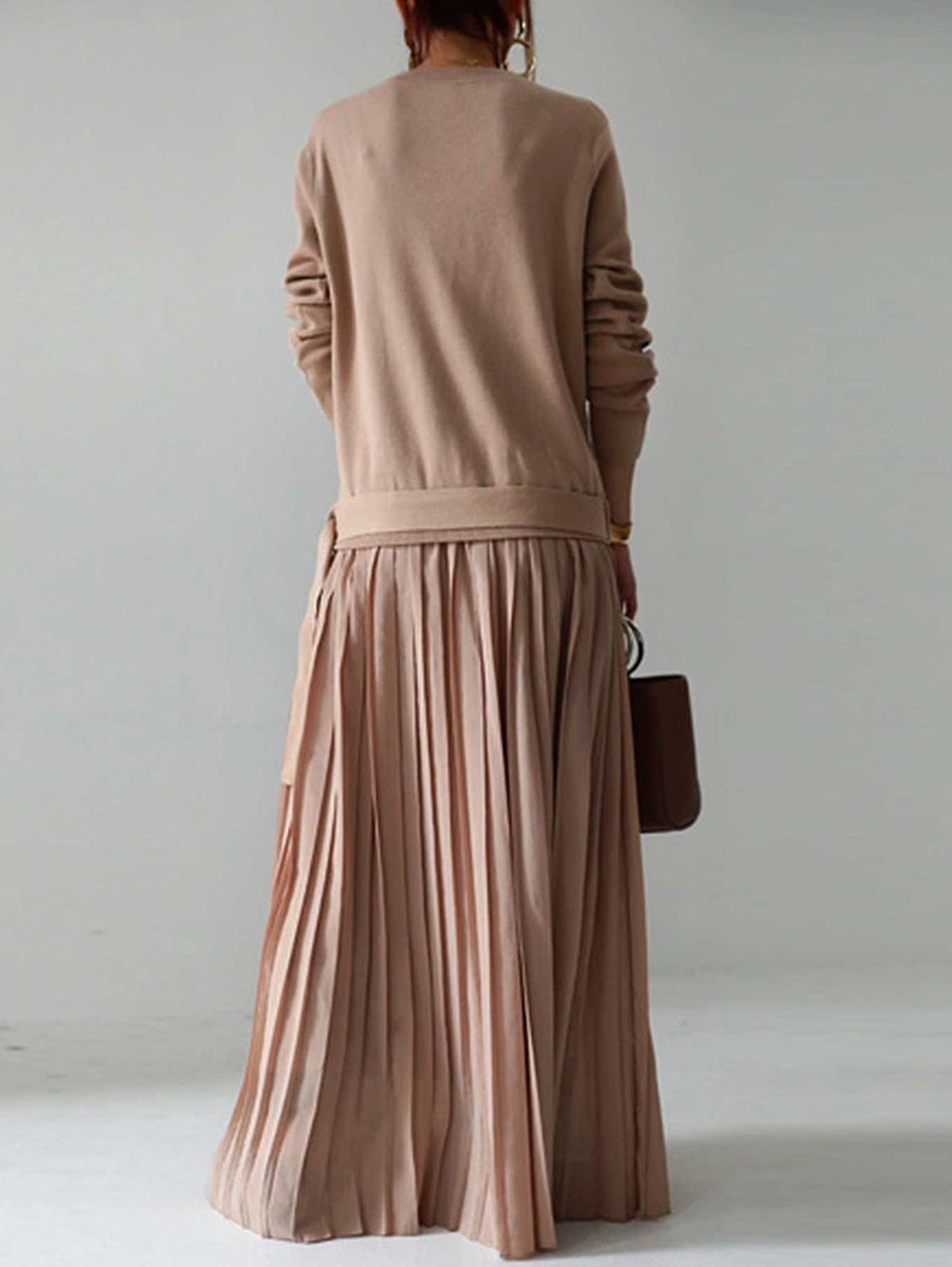 Stylish Long Sleeve Splice Drop-Waist Belted Pleated Maxi Dress