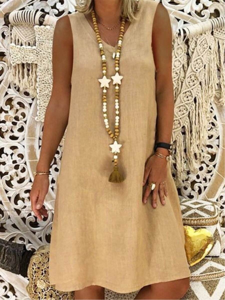 Ladies Cotton Linen V-Neck Sleeveless Tank Dress