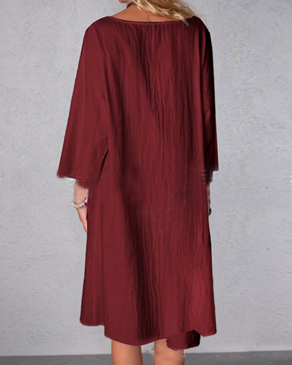 Plus Size 3/4 Sleeve Solid Pocket Casual V Neck Linen Dresses