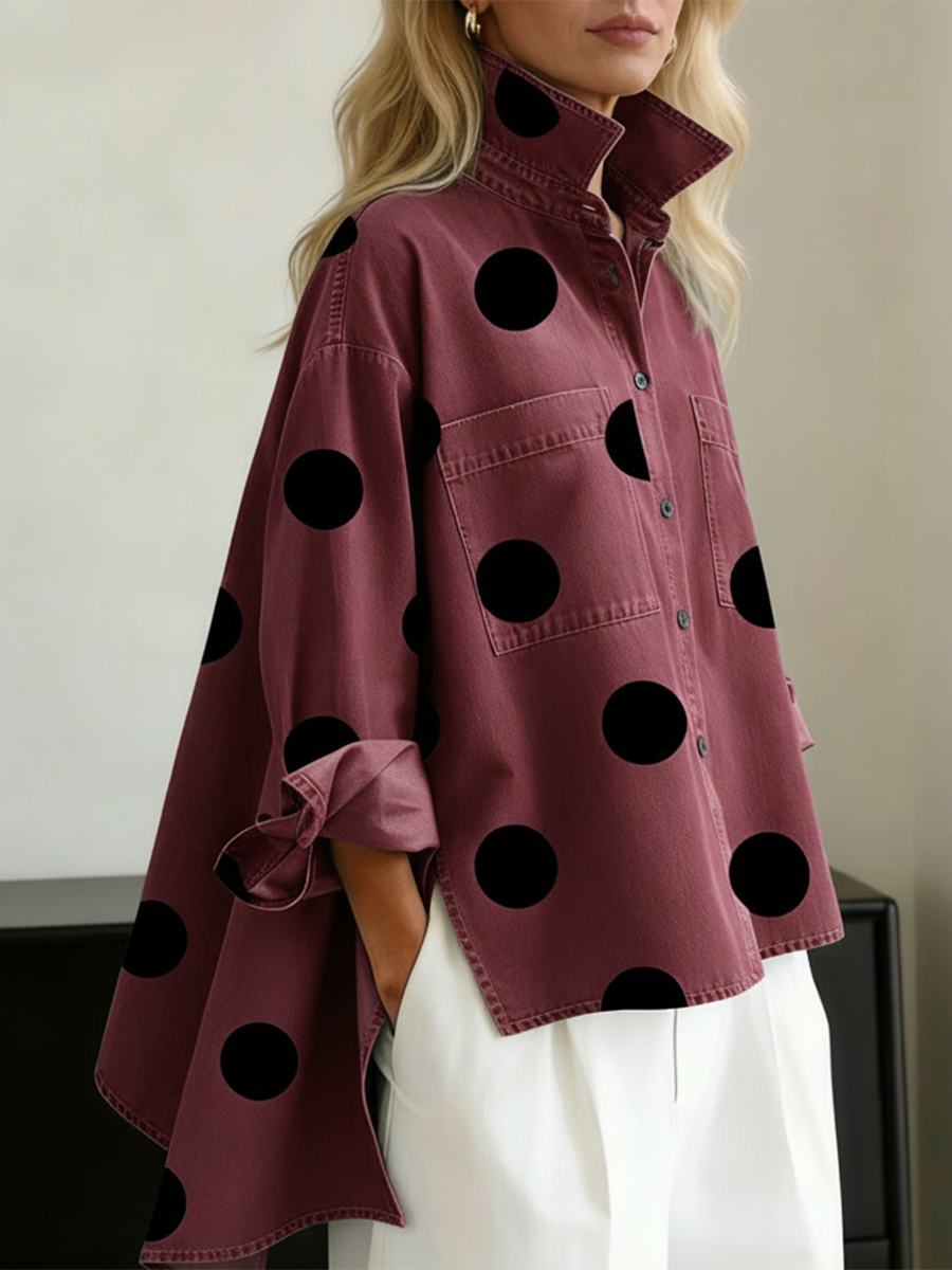Elegant Artistic Polka Dot Print Stand-collar Cotton Top
