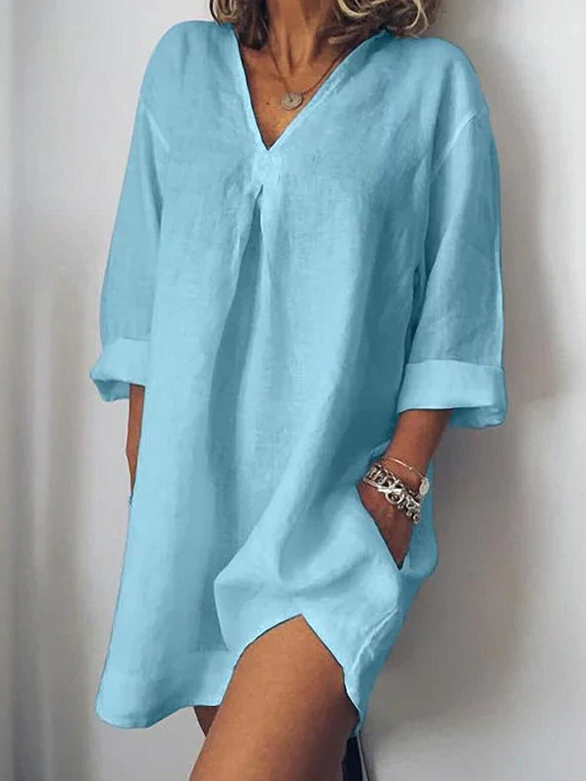 Women's Pure Color V-Neck Linen Dress
