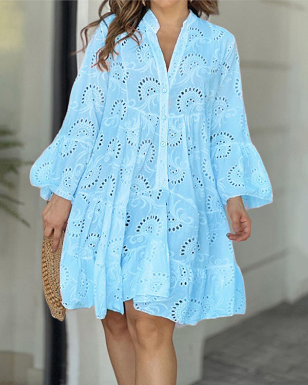 Solid Color V Neck Loose Lace Swing Dress