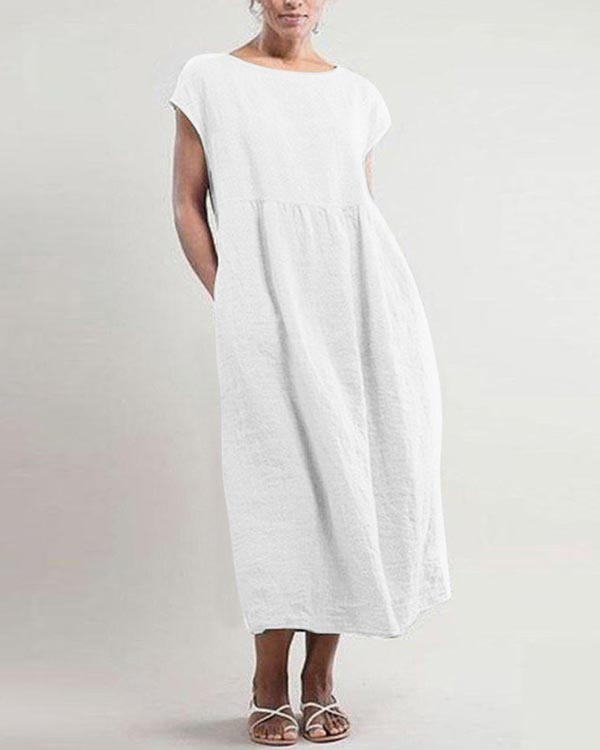 Solid Sleeveless Loose Linen Pocket Dress