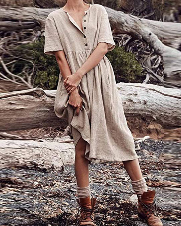 Boho Cotton Linen Dress Women Women's Solid Short Sleeve Button Dress