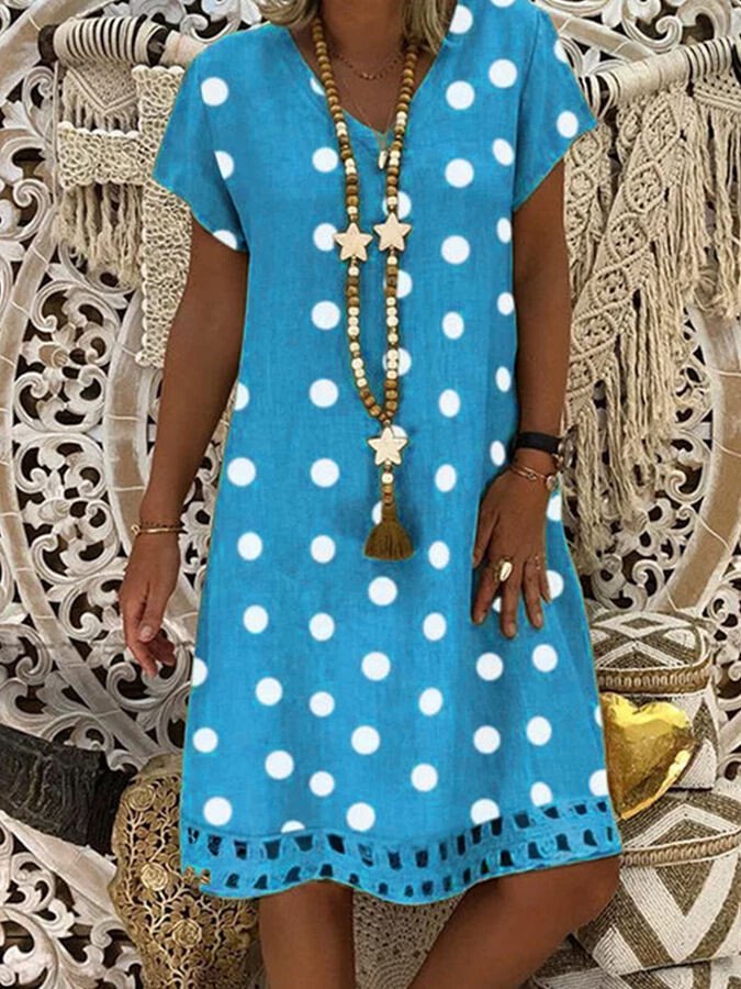 Women's Fashion Casual Polka Dot Print V-Neck Short Sleeve Mid-Length Dress