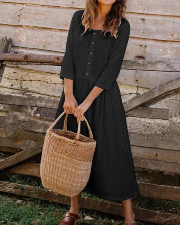 Elegant Button Pure Color Round neck Linen Pleated Dress