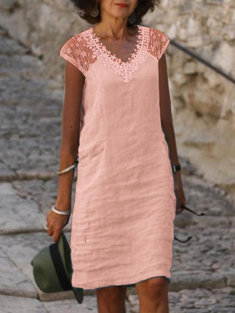 Solid color lace stitching straight elegant V-neck dress